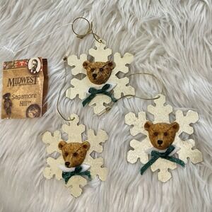2002 Vintage Midwest Bear Face On Snowflake Ornament NOS Set of 3